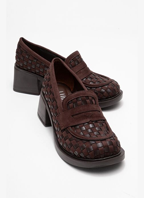 MARLON Kahverengi Örgülü Kadın Kalın Topuklu Loafer Ayakkabı - Görsel 2