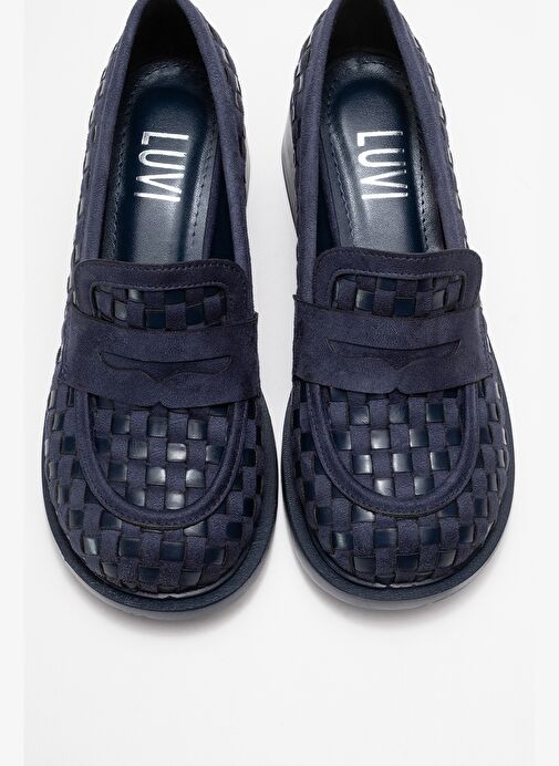MARLON Lacivert Örgülü Kadın Kalın Topuklu Loafer Ayakkabı - Görsel 3