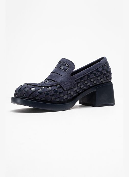 MARLON Lacivert Örgülü Kadın Kalın Topuklu Loafer Ayakkabı - Görsel 5