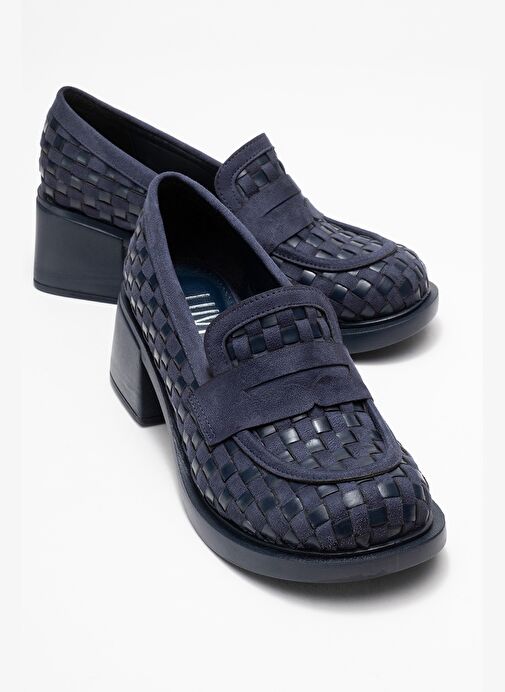 MARLON Lacivert Örgülü Kadın Kalın Topuklu Loafer Ayakkabı - Görsel 2