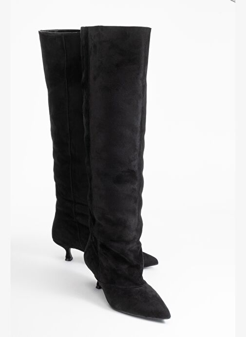 ZACH Siyah Süet Diz Üstü Kadın Kısa Topuklu Çizme - Görsel 2