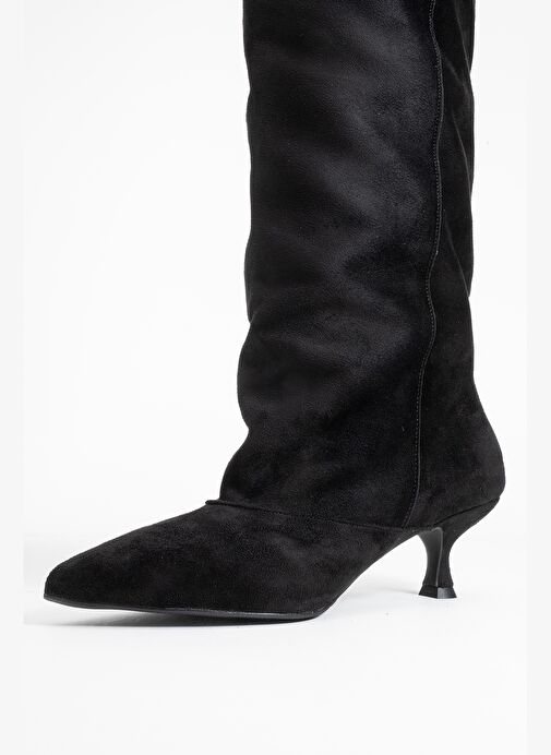 ZACH Siyah Süet Diz Üstü Kadın Kısa Topuklu Çizme - Görsel 5