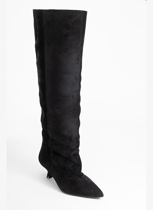 ZACH Siyah Süet Diz Üstü Kadın Kısa Topuklu Çizme - Görsel 4