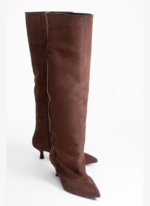 ZACH Kahverengi Süet Diz Üstü Kadın Kısa Topuklu Çizme - Görsel 2