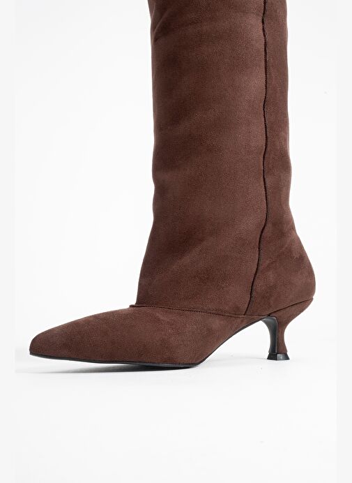 ZACH Kahverengi Süet Diz Üstü Kadın Kısa Topuklu Çizme - Görsel 5