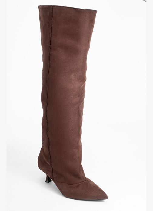 ZACH Kahverengi Süet Diz Üstü Kadın Kısa Topuklu Çizme - Görsel 4
