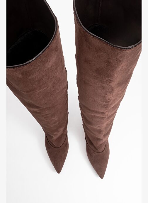 ZACH Kahverengi Süet Diz Üstü Kadın Kısa Topuklu Çizme - Görsel 3