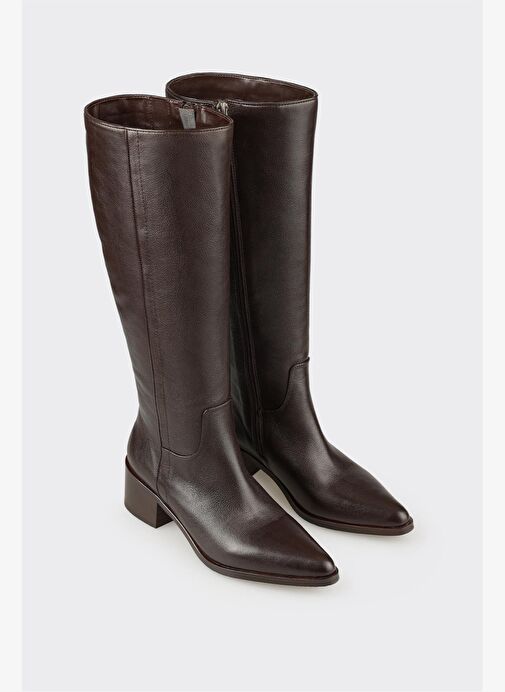 Kahve Deri Kadın Topuklu Çizme - Görsel 3