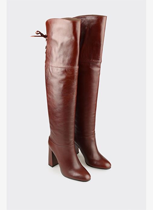 Kahve Deri Kadın Yüksek Topuk Çizme - Görsel 3