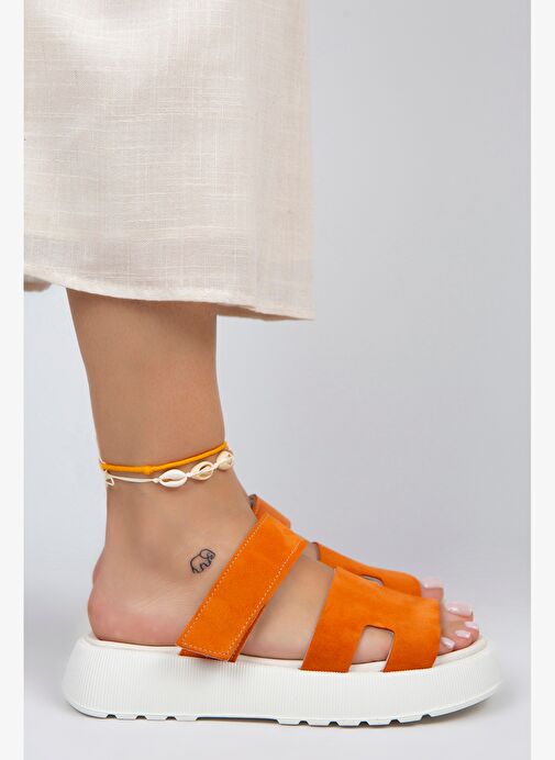 Manijero Seina Kadın Hakiki Deri Cırtlı Terlik Turuncu Terlik - Görsel 2