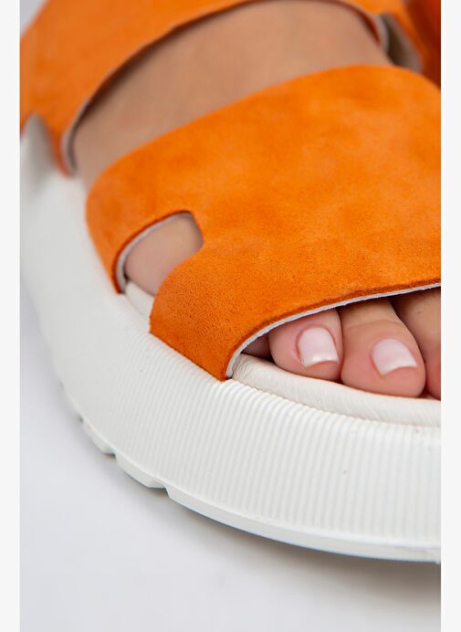 Manijero Seina Kadın Hakiki Deri Cırtlı Terlik Turuncu Terlik - Görsel 3