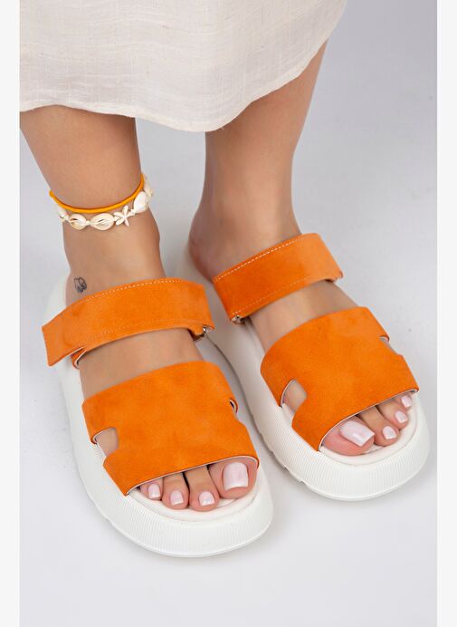 Manijero Seina Kadın Hakiki Deri Cırtlı Terlik Turuncu Terlik - Görsel 4