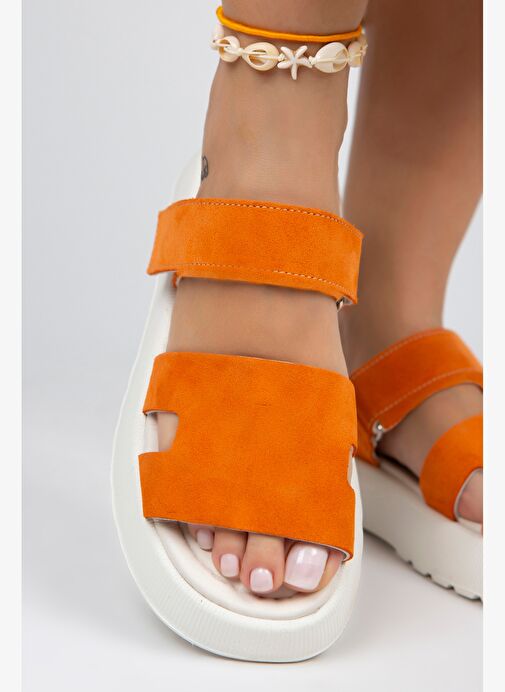 Manijero Seina Kadın Hakiki Deri Cırtlı Terlik Turuncu Terlik - Görsel 5