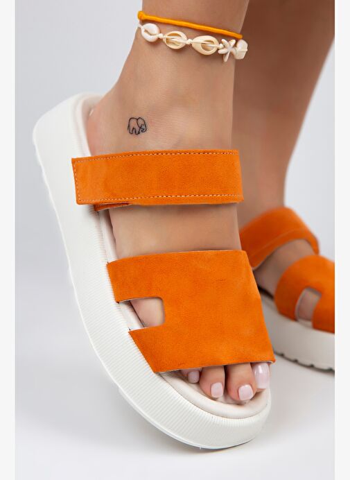 Manijero Seina Kadın Hakiki Deri Cırtlı Terlik Turuncu Terlik - Görsel 6