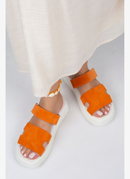 Manijero Seina Kadın Hakiki Deri Cırtlı Terlik Turuncu Terlik - Görsel 7