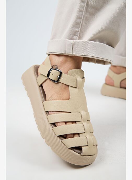 Manijero Bej Kadın Deri Sandalet MNJ.034.13 - Görsel 2