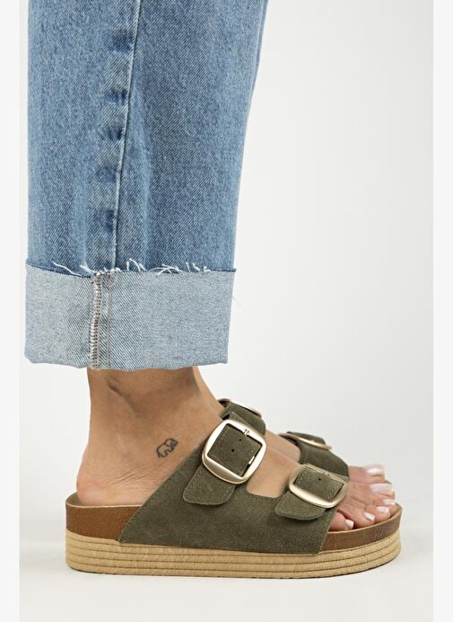 Manijero Haki Kadın Süet Terlik MNJ.038.13 - Görsel 2