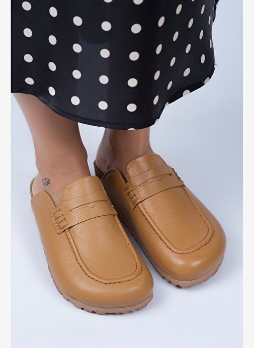 Manijero Lori Kadın Hakiki Deri Bağcıksız Taba Terlik - Görsel 2