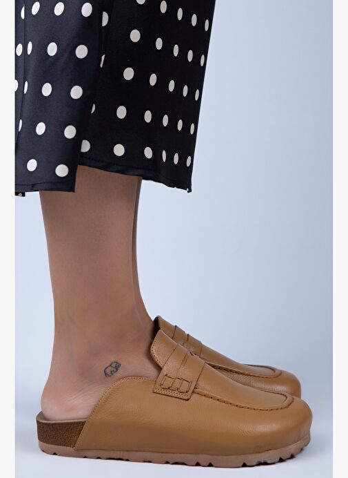 Manijero Lori Kadın Hakiki Deri Bağcıksız Taba Terlik - Görsel 3