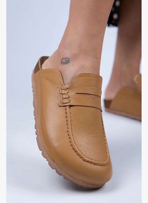 Manijero Lori Kadın Hakiki Deri Bağcıksız Taba Terlik - Görsel 5