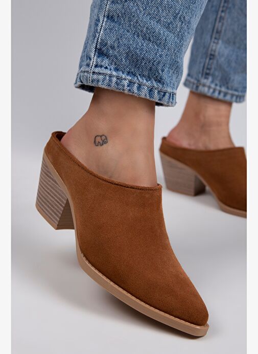Manijero Stella Kadın Hakiki Deri Western Taba - Süet Terlik - Görsel 2