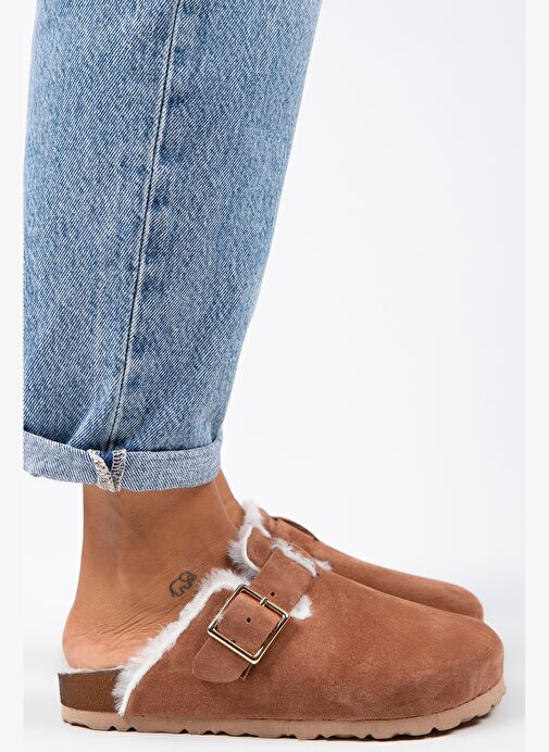 Manijero Zeta Kürklü Kadın Hakiki Deri Tokalı Kemerli Kürklü Kiremit Süet Terlik - Görsel 2