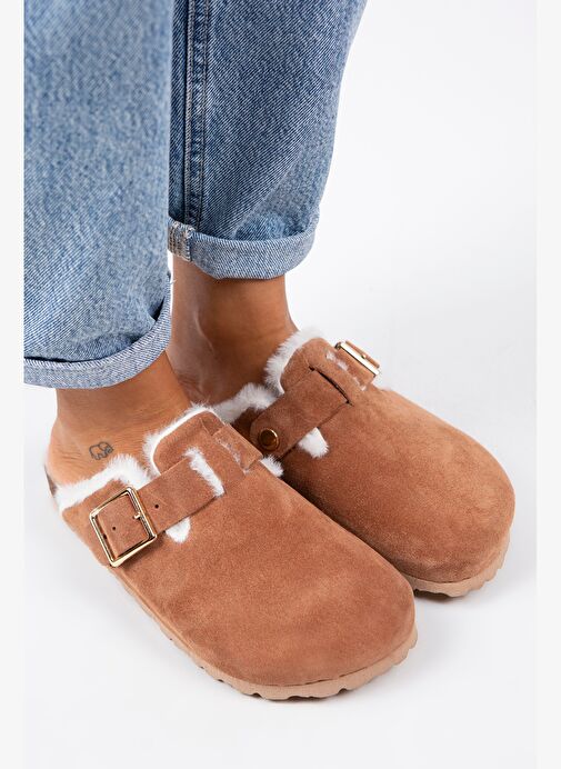 Manijero Zeta Kürklü Kadın Hakiki Deri Tokalı Kemerli Kürklü Kiremit Süet Terlik - Görsel 3