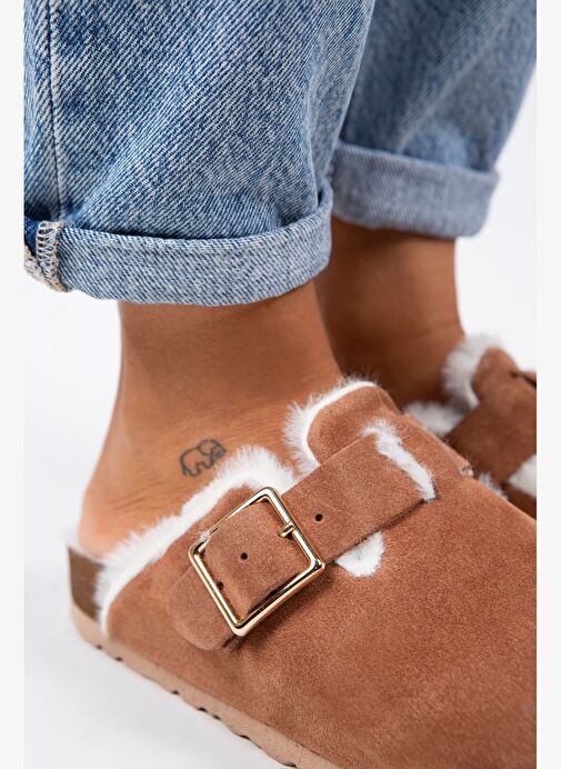 Manijero Zeta Kürklü Kadın Hakiki Deri Tokalı Kemerli Kürklü Kiremit Süet Terlik - Görsel 4