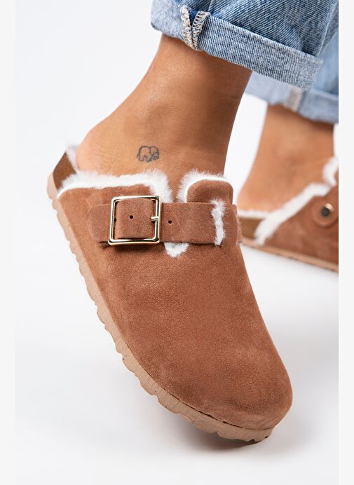 Manijero Zeta Kürklü Kadın Hakiki Deri Tokalı Kemerli Kürklü Kiremit Süet Terlik - Görsel 5