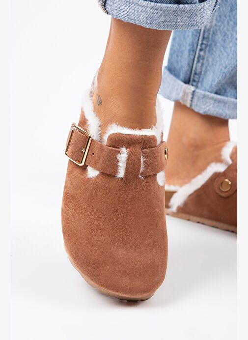Manijero Zeta Kürklü Kadın Hakiki Deri Tokalı Kemerli Kürklü Kiremit Süet Terlik - Görsel 6