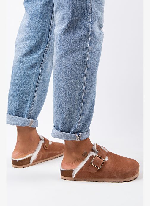 Manijero Zeta Kürklü Kadın Hakiki Deri Tokalı Kemerli Kürklü Kiremit Süet Terlik - Görsel 7