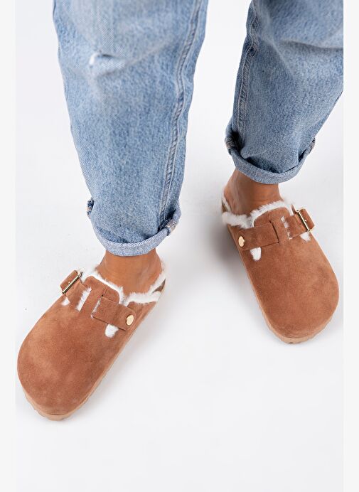 Manijero Zeta Kürklü Kadın Hakiki Deri Tokalı Kemerli Kürklü Kiremit Süet Terlik - Görsel 8