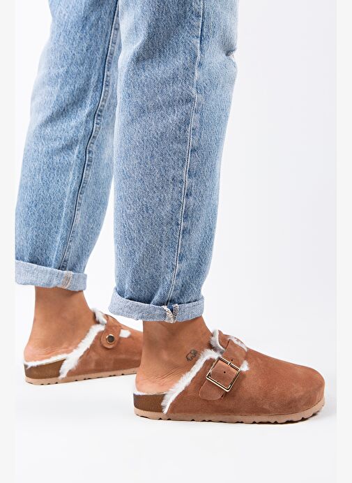 Manijero Zeta Kürklü Kadın Hakiki Deri Tokalı Kemerli Kürklü Kiremit Süet Terlik - Görsel 9