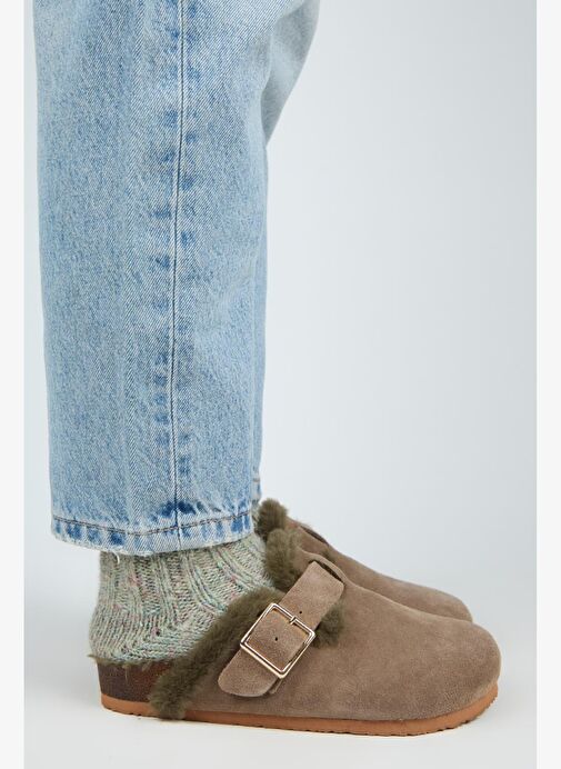 Manijero Haki Kadın Süet - Kürklü Terlik MNJ.098.18 - Görsel 2