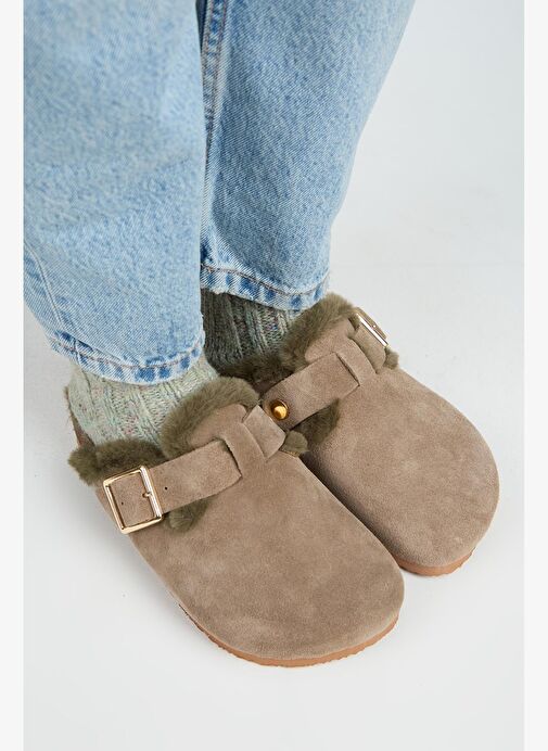 Manijero Haki Kadın Süet - Kürklü Terlik MNJ.098.18 - Görsel 3