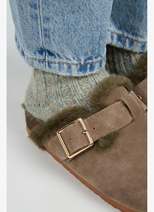 Manijero Haki Kadın Süet - Kürklü Terlik MNJ.098.18 - Görsel 4
