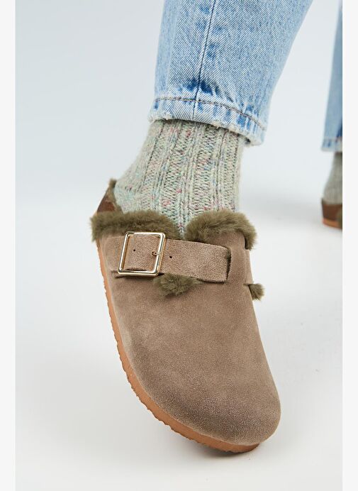 Manijero Haki Kadın Süet - Kürklü Terlik MNJ.098.18 - Görsel 5