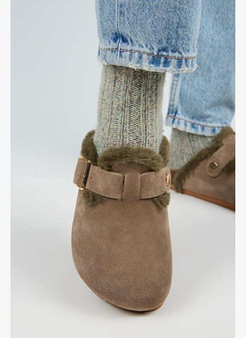 Manijero Haki Kadın Süet - Kürklü Terlik MNJ.098.18 - Görsel 6