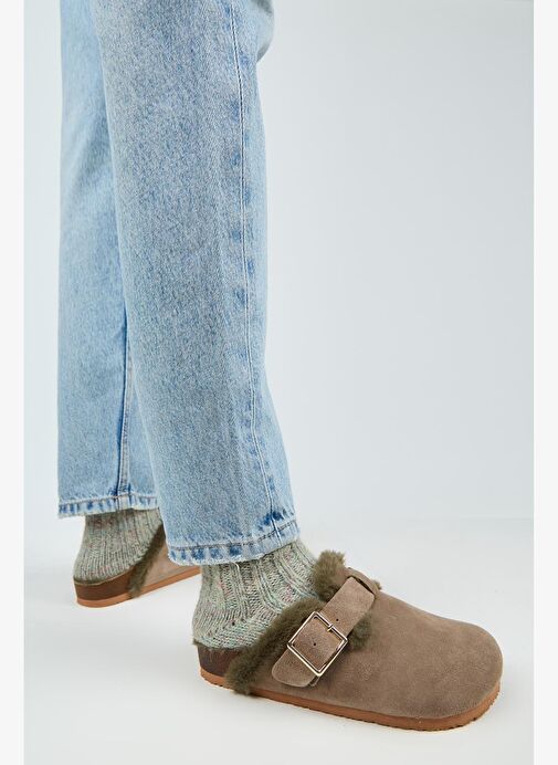 Manijero Haki Kadın Süet - Kürklü Terlik MNJ.098.18 - Görsel 7