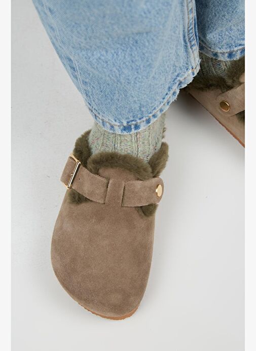 Manijero Haki Kadın Süet - Kürklü Terlik MNJ.098.18 - Görsel 9