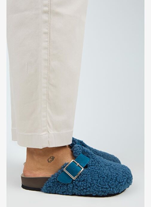 Manijero Suzen Teddy Kadın Kürklü Hakiki Deri Kemerli Tokalı Gece Mavisi Terlik - Görsel 2