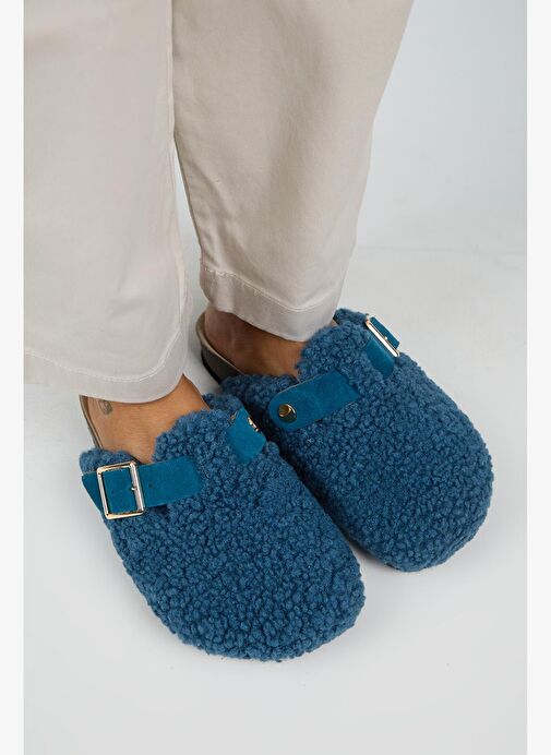 Manijero Suzen Teddy Kadın Kürklü Hakiki Deri Kemerli Tokalı Gece Mavisi Terlik - Görsel 3