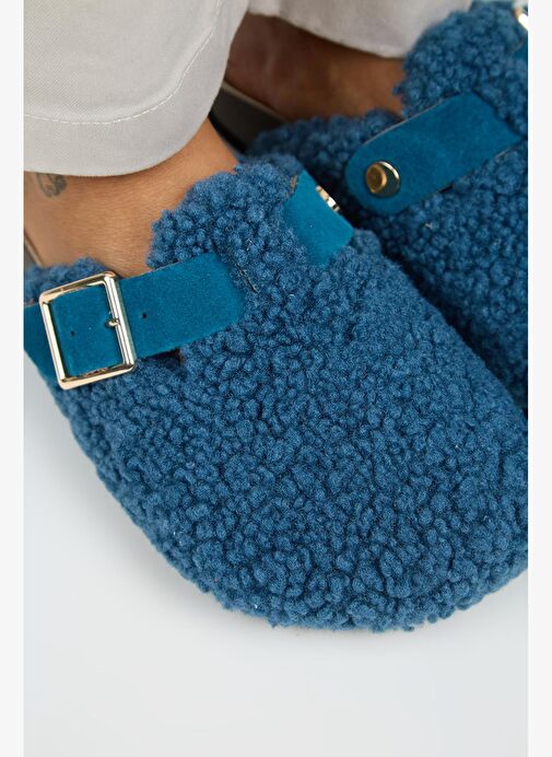 Manijero Suzen Teddy Kadın Kürklü Hakiki Deri Kemerli Tokalı Gece Mavisi Terlik - Görsel 4