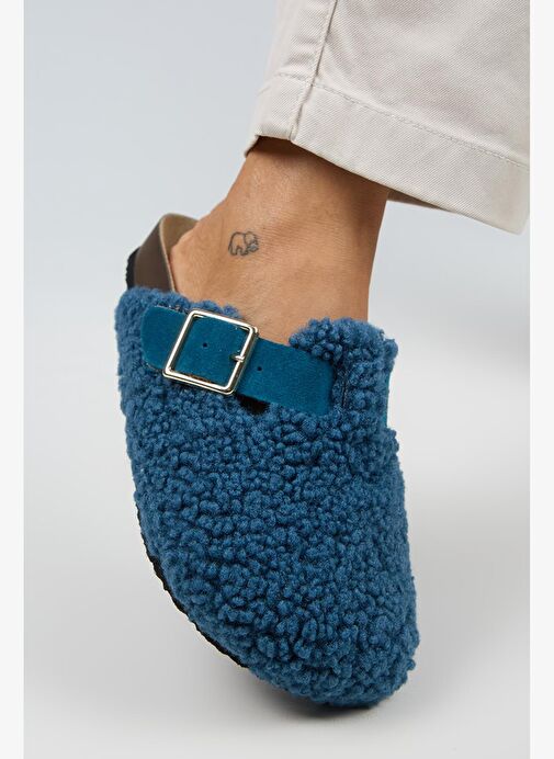 Manijero Suzen Teddy Kadın Kürklü Hakiki Deri Kemerli Tokalı Gece Mavisi Terlik - Görsel 5