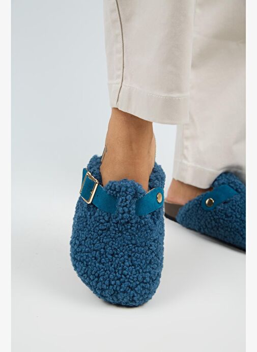 Manijero Suzen Teddy Kadın Kürklü Hakiki Deri Kemerli Tokalı Gece Mavisi Terlik - Görsel 6