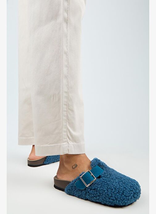 Manijero Suzen Teddy Kadın Kürklü Hakiki Deri Kemerli Tokalı Gece Mavisi Terlik - Görsel 7