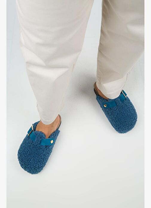 Manijero Suzen Teddy Kadın Kürklü Hakiki Deri Kemerli Tokalı Gece Mavisi Terlik - Görsel 8