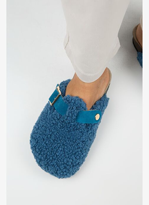 Manijero Suzen Teddy Kadın Kürklü Hakiki Deri Kemerli Tokalı Gece Mavisi Terlik - Görsel 9
