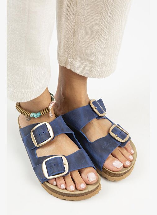 Manijero İrene Eskitme Kadın Deri Hakiki Deri Çift Tokalı Mavi Gold Terlik - Görsel 3