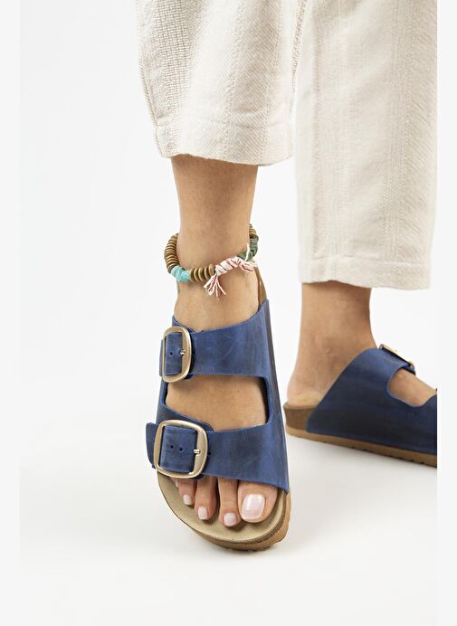 Manijero İrene Eskitme Kadın Deri Hakiki Deri Çift Tokalı Mavi Gold Terlik - Görsel 5